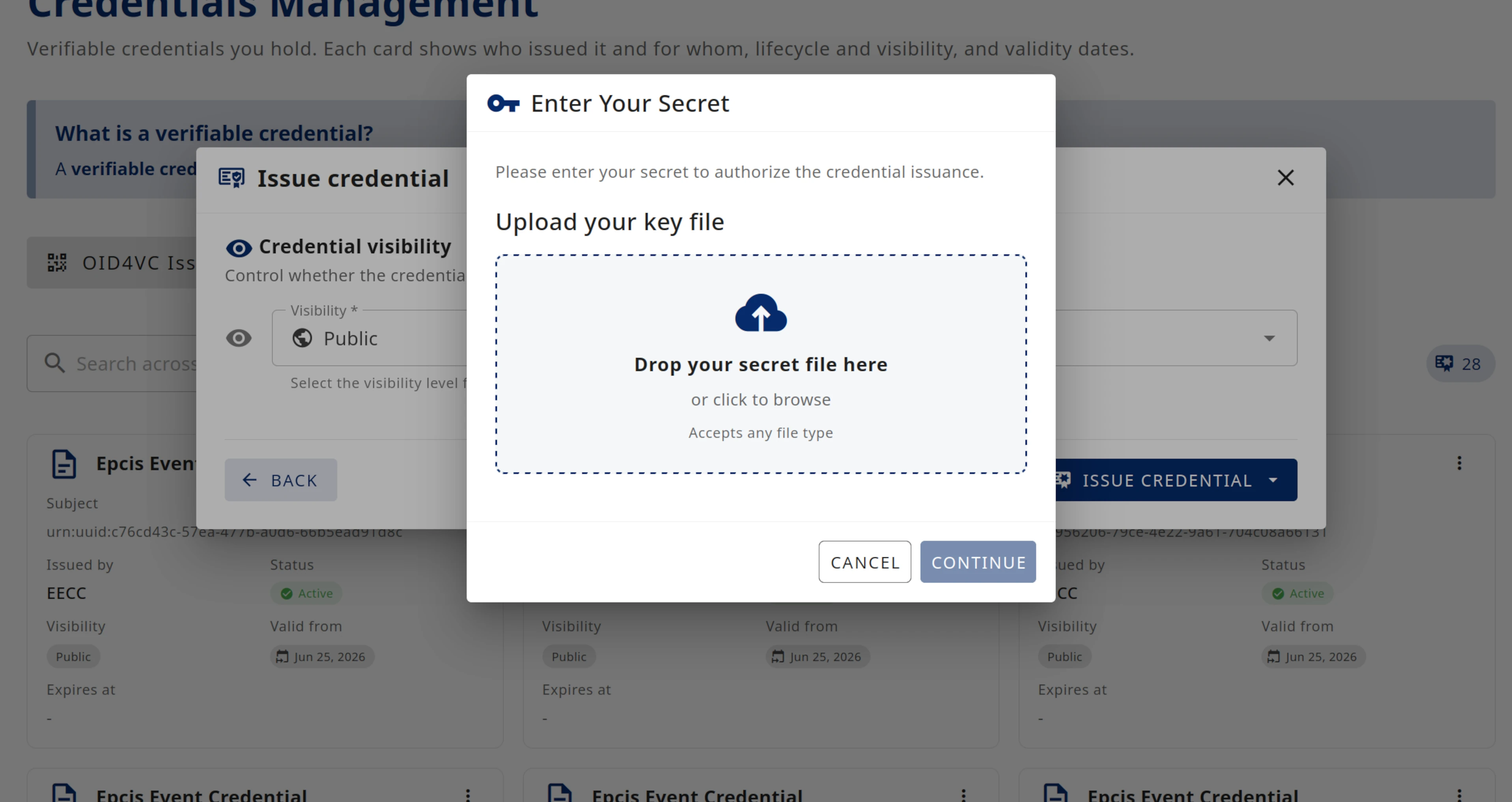 Company Wallet credentials view: issued credentials and status management